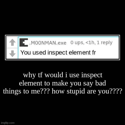 this guy is such an idiot | why tf would i use inspect element to make you say bad things to me??? how stupid are you???? | | image tagged in funny,demotivationals | made w/ Imgflip demotivational maker