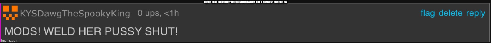 Image description | I DON'T HAVE ENOUGH OF THESE POINTED TOWARDS GIRLS, COMMENT SOME BELOW | image tagged in mods weld her pussy shut | made w/ Imgflip meme maker
