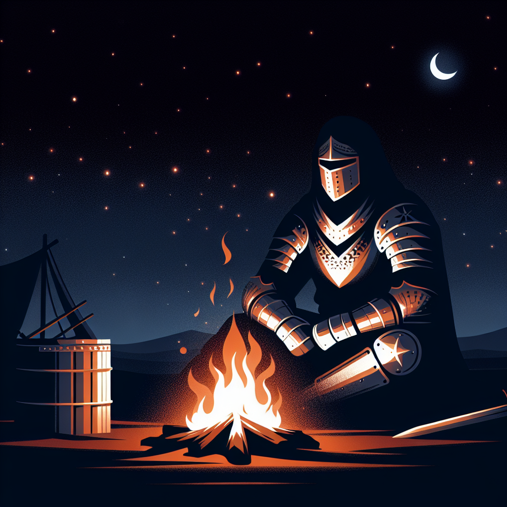 a knight siting next to campfire in night Blank Meme Template