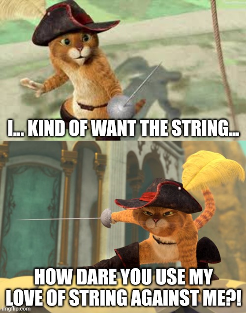 I... KIND OF WANT THE STRING... HOW DARE YOU USE MY LOVE OF STRING AGAINST ME?! | made w/ Imgflip meme maker