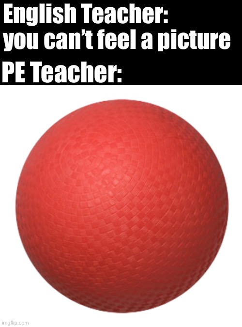 Feel it | English Teacher: you can’t feel a picture; PE Teacher: | image tagged in dodge ball,teachers,english,pe teacher,feels | made w/ Imgflip meme maker