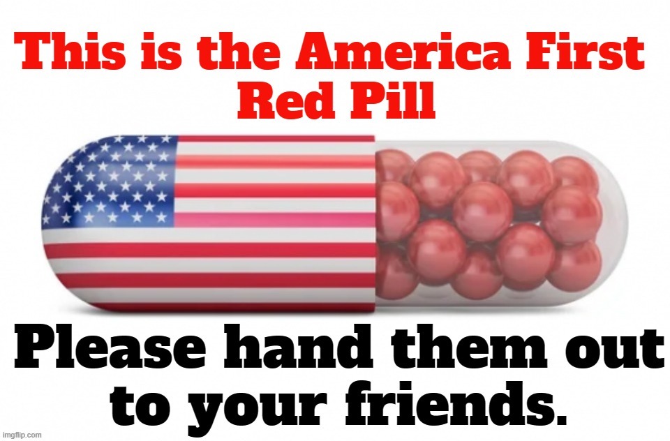 This is the America First Red Pill | image tagged in red pill blue pill,red pill,red pill your friends,crush the commies,crush the nazis,conan crush your enemies | made w/ Imgflip meme maker