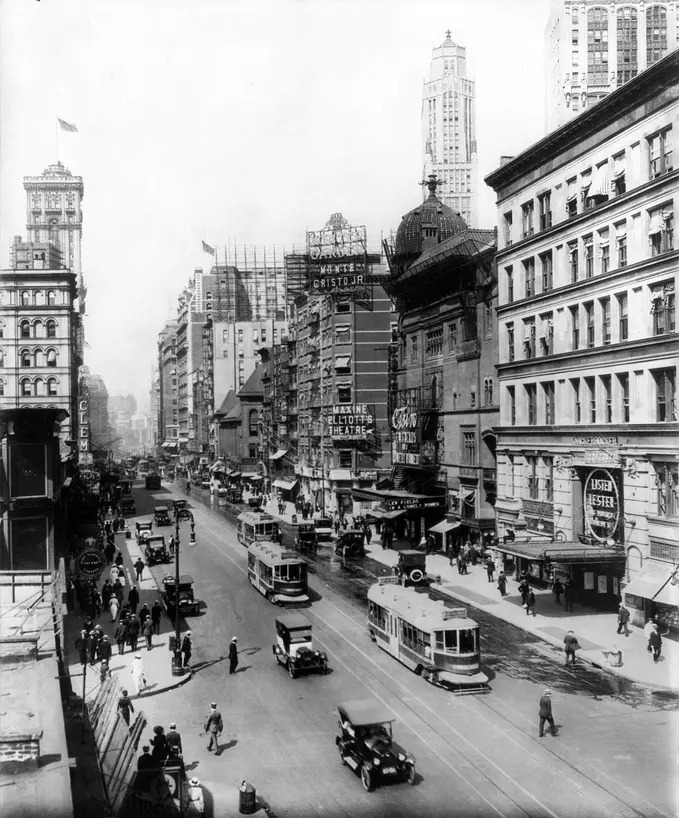 1913 street scene cars and trolly Blank Meme Template