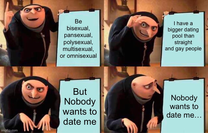 Single bisexual, pansexual, polysexual, multisexual, or omnisexual person | I have a bigger dating pool than straight and gay people; Be bisexual, pansexual, polysexual, multisexual, or omnisexual; But Nobody wants to date me; Nobody wants to date me… | image tagged in gru's plan,bisexual,pansexual,polysexual,multisexual,omnisexual | made w/ Imgflip meme maker