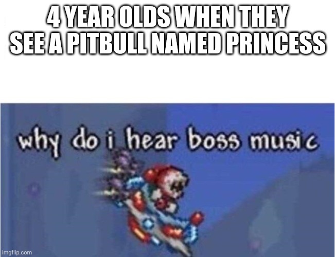 why do i hear boss music | 4 YEAR OLDS WHEN THEY SEE A PITBULL NAMED PRINCESS | image tagged in why do i hear boss music | made w/ Imgflip meme maker
