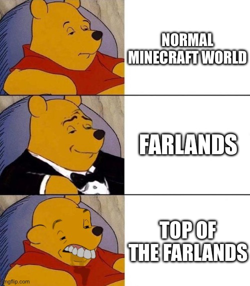 Best,Better, Blurst | NORMAL MINECRAFT WORLD; FARLANDS; TOP OF THE FARLANDS | image tagged in best better blurst | made w/ Imgflip meme maker