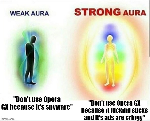 weak aura vs strong aura | "Don't use Opera GX because it's spyware" "Don't use Opera GX because it fucking sucks and it's ads are cringy" | image tagged in weak aura vs strong aura | made w/ Imgflip meme maker