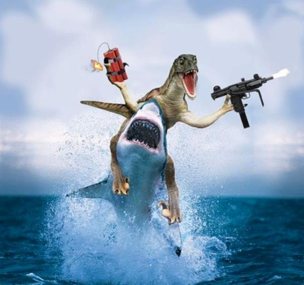 High Quality Photoshopped Dinosaur with Machine Gun Riding Shark Blank Meme Template