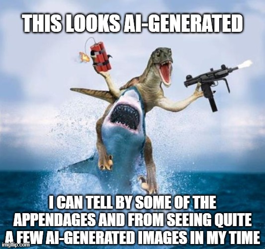 This looks AI generated | THIS LOOKS AI-GENERATED; I CAN TELL BY SOME OF THE APPENDAGES AND FROM SEEING QUITE A FEW AI-GENERATED IMAGES IN MY TIME | image tagged in photoshopped dinosaur with machine gun riding shark,this looks shopped,generative ai,appendages,midjourney | made w/ Imgflip meme maker