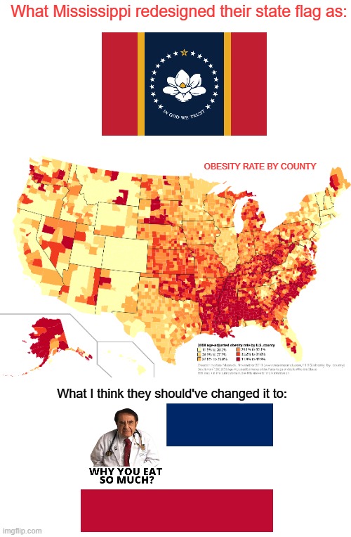 What Mississippi redesigned their state flag as:; OBESITY RATE BY COUNTY; What I think they should've changed it to: | image tagged in memes,flags,obesity,united states,flag,fat | made w/ Imgflip meme maker