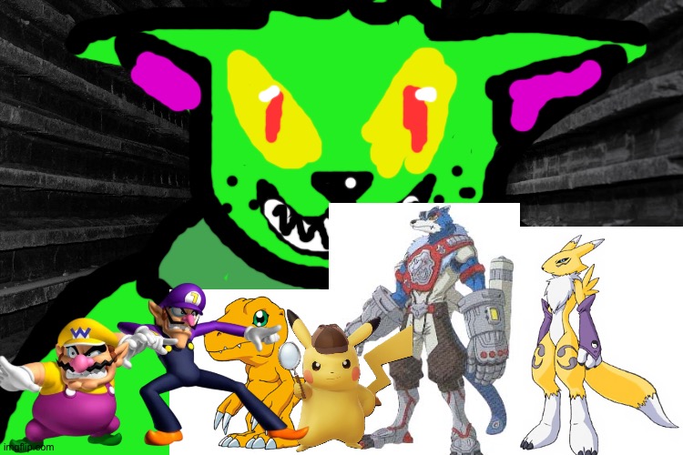 Wario and Friends dies by a Giant Green fuzzy monster beast while exploring at a Dark hallway | image tagged in dark hallway,pokemon,digimon,wario dies,crossover,waluigi | made w/ Imgflip meme maker