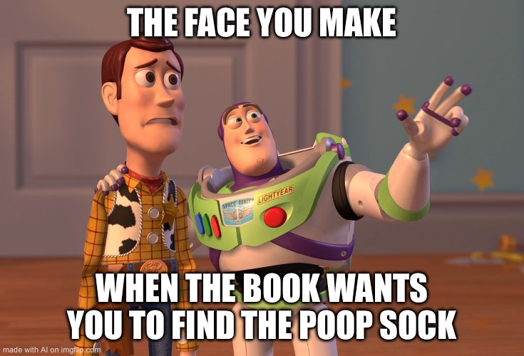 X, X Everywhere Meme | THE FACE YOU MAKE; WHEN THE BOOK WANTS YOU TO FIND THE POOP SOCK | image tagged in memes,x x everywhere | made w/ Imgflip meme maker