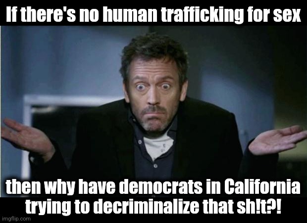 SHRUG | If there's no human trafficking for sex then why have democrats in California trying to decriminalize that sh!t?! | image tagged in shrug | made w/ Imgflip meme maker