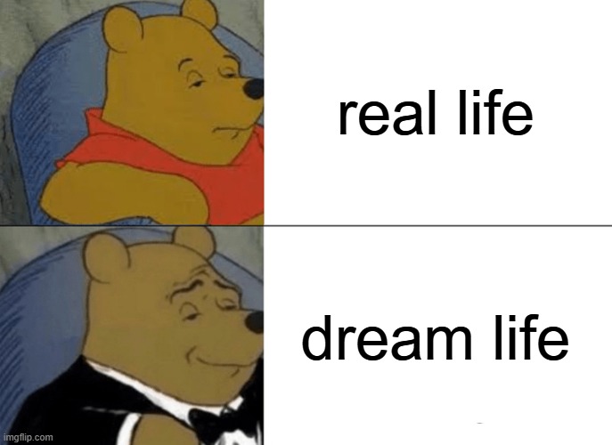 Tuxedo Winnie The Pooh | real life; dream life | image tagged in memes,tuxedo winnie the pooh | made w/ Imgflip meme maker