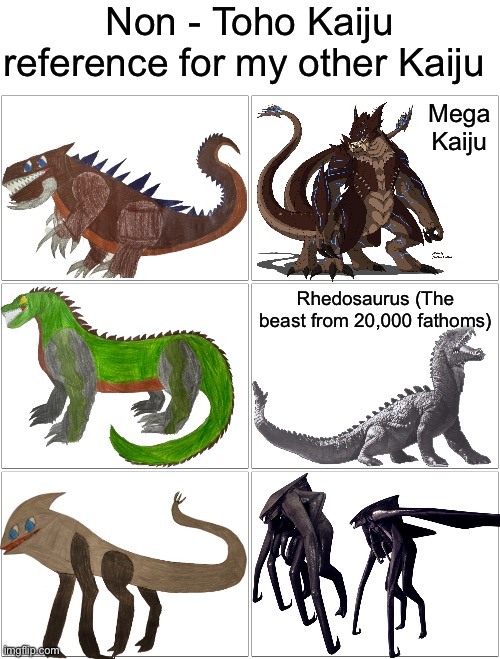 I gave the names to some of the more Obscure Kaiju and beasts I used as reference | Non - Toho Kaiju reference for my other Kaiju; Mega Kaiju; Rhedosaurus (The beast from 20,000 fathoms) | image tagged in memes,blank comic panel 2x2 | made w/ Imgflip meme maker