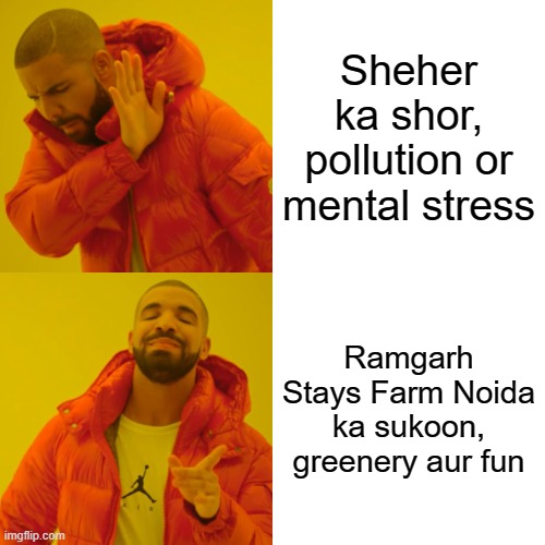 Drake Hotline Bling | Sheher ka shor, pollution or mental stress; Ramgarh Stays Farm Noida ka sukoon, greenery aur fun | image tagged in memes,drake hotline bling | made w/ Imgflip meme maker