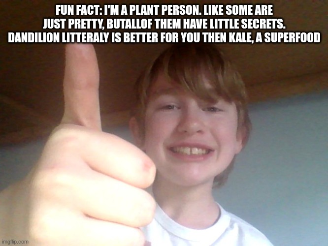 FUN FACT: I'M A PLANT PERSON. LIKE SOME ARE JUST PRETTY, BUTALLOF THEM HAVE LITTLE SECRETS. DANDILION LITTERALY IS BETTER FOR YOU THEN KALE, A SUPERFOOD | image tagged in good for you bro | made w/ Imgflip meme maker