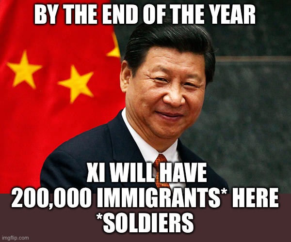 Xi Jinping | BY THE END OF THE YEAR XI WILL HAVE 200,000 IMMIGRANTS* HERE
*SOLDIERS | image tagged in xi jinping | made w/ Imgflip meme maker