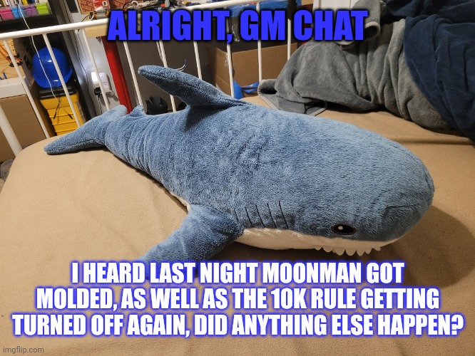 Oh boy, here we go again | ALRIGHT, GM CHAT; I HEARD LAST NIGHT MOONMAN GOT MODDED, AS WELL AS THE 10K RULE GETTING TURNED OFF AGAIN, DID ANYTHING ELSE HAPPEN? | image tagged in my blahaj | made w/ Imgflip meme maker