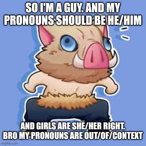 *insert cute dog here* | SO I'M A GUY. AND MY PRONOUNS SHOULD BE HE/HIM; AND GIRLS ARE SHE/HER RIGHT. BRO MY PRONOUNS ARE OUT/OF/CONTEXT | image tagged in pronouns,out of context | made w/ Imgflip meme maker