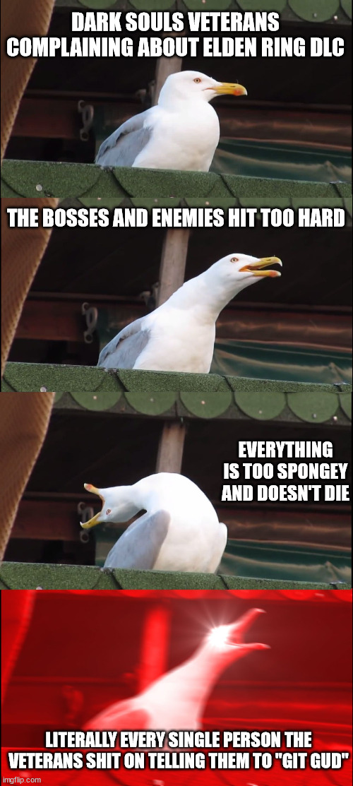 Inhaling Seagull Meme | DARK SOULS VETERANS COMPLAINING ABOUT ELDEN RING DLC; THE BOSSES AND ENEMIES HIT TOO HARD; EVERYTHING IS TOO SPONGEY AND DOESN'T DIE; LITERALLY EVERY SINGLE PERSON THE VETERANS SHIT ON TELLING THEM TO "GIT GUD" | image tagged in memes,inhaling seagull | made w/ Imgflip meme maker