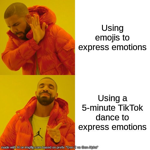 Gen Z vs Gen Alpha | Using emojis to express emotions; Using a 5-minute TikTok dance to express emotions | image tagged in memes,drake hotline bling | made w/ Imgflip meme maker