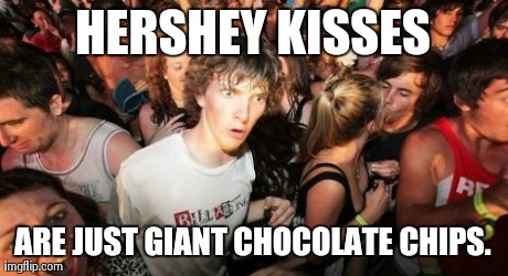 Sudden Clarity Clarence | HERSHEY KISSES ARE JUST GIANT CHOCOLATE CHIPS. | image tagged in memes,sudden clarity clarence,AdviceAnimals | made w/ Imgflip meme maker