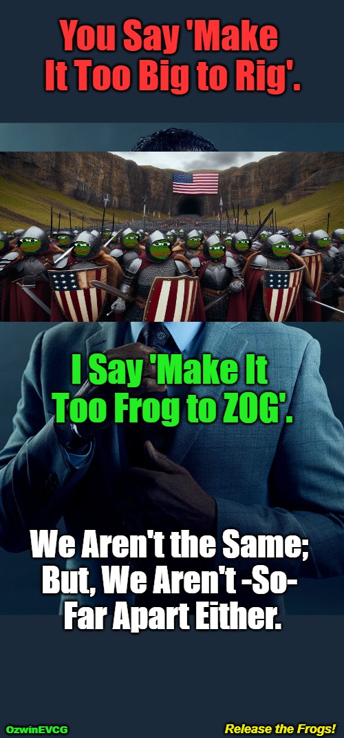 Release the Frogs! | You Say 'Make 

It Too Big to Rig'. I Say 'Make It 

Too Frog to ZOG'. We Aren't the Same; 

But, We Aren't -So- 

Far Apart Either. Release the Frogs! OzwinEVCG | image tagged in gus fring we are not the same,occupied usa,pepe soldiers,rigged elections,2020s,famous phrases | made w/ Imgflip meme maker
