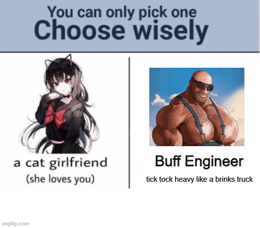 Choose wisely | Buff Engineer; tick tock heavy like a brinks truck | image tagged in choose wisely,memes,tf2,engineer,gaming | made w/ Imgflip meme maker