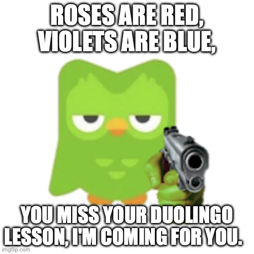 duo is coming... | ROSES ARE RED, VIOLETS ARE BLUE, YOU MISS YOUR DUOLINGO LESSON, I'M COMING FOR YOU. | image tagged in duolingo | made w/ Imgflip meme maker