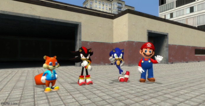 This was made using Gmod. | image tagged in sonic,mario,shadow,bazooka squirrel | made w/ Imgflip meme maker