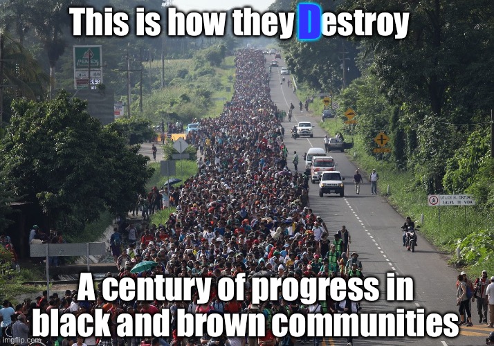 Migrant Caravan | D; This is how they Destroy; A century of progress in black and brown communities | image tagged in migrant caravan,liberal logic,stupid liberals,liberal hypocrisy,libtards,new normal | made w/ Imgflip meme maker