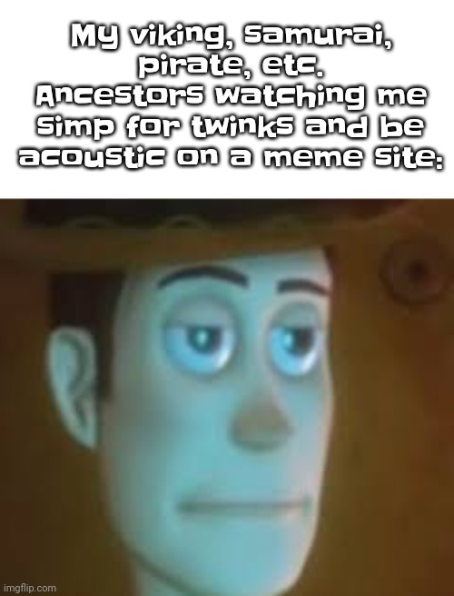 disappointed woody | My viking, samurai, pirate, etc. Ancestors watching me simp for twinks and be acoustic on a meme site: | image tagged in disappointed woody | made w/ Imgflip meme maker