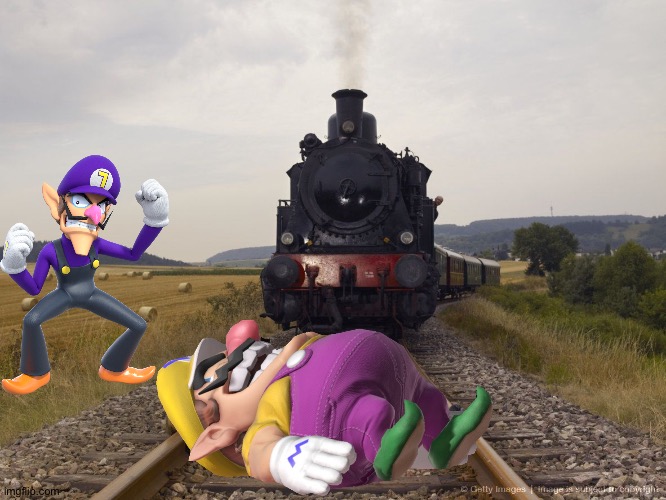 Wario dies by a train while rolling on the railroad tracks during a Dare with Waluigi | image tagged in railroad track,wario dies,wario,waluigi | made w/ Imgflip meme maker