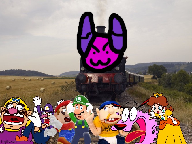 Wario and Friends dies by a Purple demon-faced train while exploring in a field | image tagged in railroad track,wario dies,courage the cowardly dog,super mario,jeffy,crossover | made w/ Imgflip meme maker