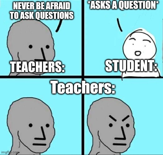 You ask "why (anything)" and they act like you kicked their dog | *ASKS A QUESTION*; NEVER BE AFRAID TO ASK QUESTIONS; Teachers:; STUDENT:; TEACHERS: | image tagged in npc meme,teacher,school,bruh | made w/ Imgflip meme maker