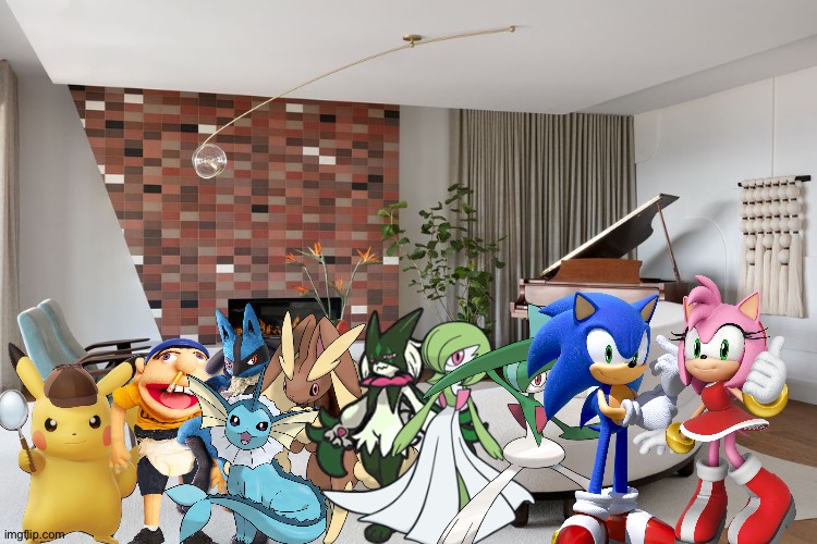 Detective Pikachu and Friends having a party in their awesome house | image tagged in also a living room,pokemon,detective pikachu,jeffy,sonic the hedgehog,crossover | made w/ Imgflip meme maker