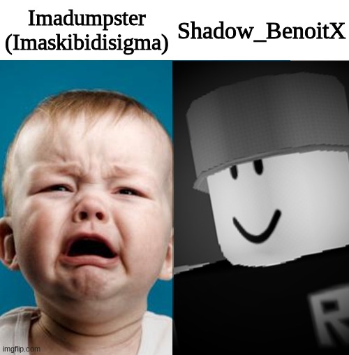 Nickname for Imaskibidisigma (Credit to Shadow_BenoitX) | Shadow_BenoitX; Imadumpster
(Imaskibidisigma) | image tagged in crybaby vs robloxian | made w/ Imgflip meme maker