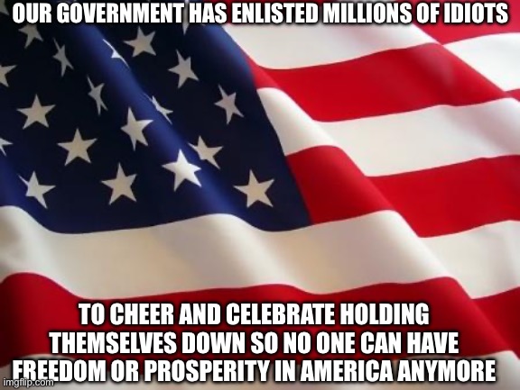 American flag | OUR GOVERNMENT HAS ENLISTED MILLIONS OF IDIOTS TO CHEER AND CELEBRATE HOLDING THEMSELVES DOWN SO NO ONE CAN HAVE FREEDOM OR PROSPERITY IN AM | image tagged in american flag | made w/ Imgflip meme maker