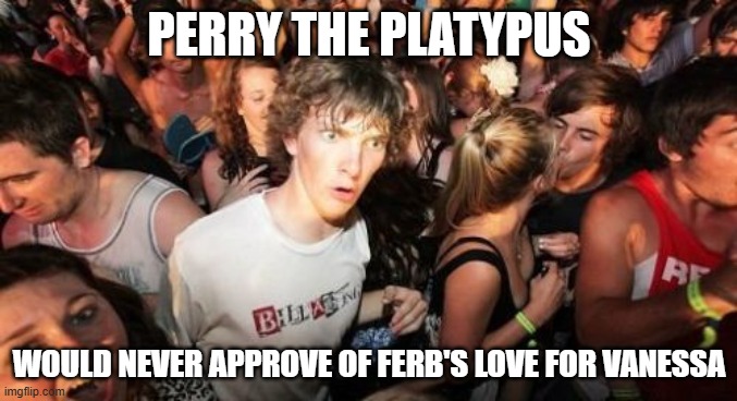 Because who would want a mad scientist villain for a father-in-law? | PERRY THE PLATYPUS; WOULD NEVER APPROVE OF FERB'S LOVE FOR VANESSA | image tagged in memes,sudden clarity clarence,phineas and ferb,perry the platypus,disney,disney channel | made w/ Imgflip meme maker