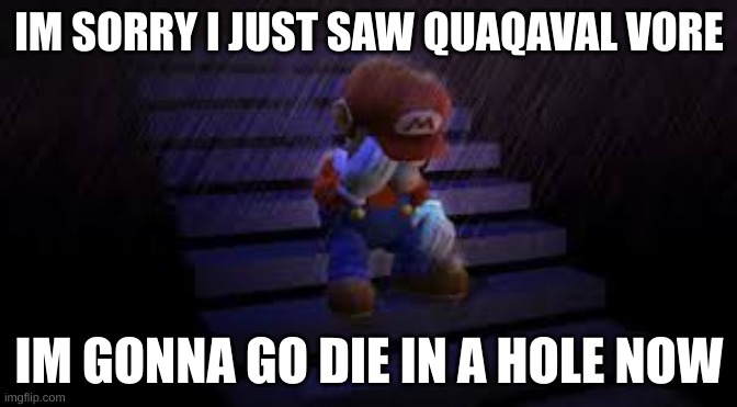 i should kill myself... NOW! /j | IM SORRY I JUST SAW QUAQAVAL VORE; IM GONNA GO DIE IN A HOLE NOW | image tagged in sad mario | made w/ Imgflip meme maker