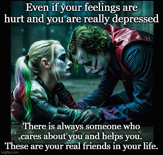 I was depressed lately,. Thank you for my friends for helping me out | Even if your feelings are hurt and you are really depressed; There is always someone who cares about you and helps you. These are your real friends in your life. | image tagged in joker,harley quinn,friendship | made w/ Imgflip meme maker