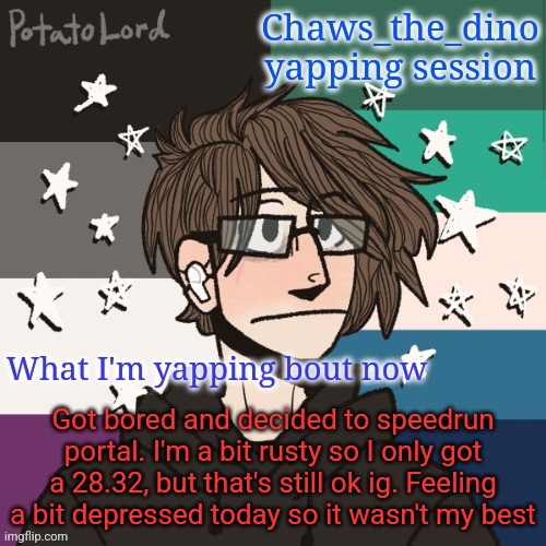 Chaws_the_dino announcement temp | Got bored and decided to speedrun portal. I'm a bit rusty so I only got a 28.32, but that's still ok ig. Feeling a bit depressed today so it wasn't my best | image tagged in chaws_the_dino announcement temp | made w/ Imgflip meme maker