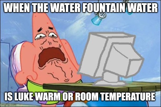 Water fountain water should always be cold | WHEN THE WATER FOUNTAIN WATER; IS LUKE WARM OR ROOM TEMPERATURE | image tagged in patrick star cringing,relatable,jpfan102504 | made w/ Imgflip meme maker