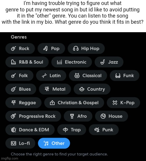 Hep me | I'm having trouble trying to figure out what genre to put my newest song in but id like to avoid putting it in the "other" genre. You can listen to the song with the link in my bio. What genre do you think it fits in best? | made w/ Imgflip meme maker