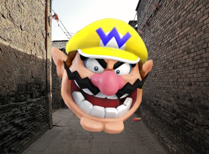The Wario apparition in the alleyway | image tagged in alleyway background | made w/ Imgflip meme maker