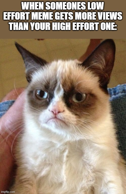 i saw a meme with 2 letters with 600 views :( | WHEN SOMEONES LOW EFFORT MEME GETS MORE VIEWS THAN YOUR HIGH EFFORT ONE: | image tagged in memes,grumpy cat,grumpy,unfair | made w/ Imgflip meme maker