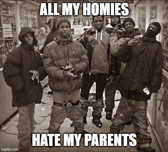 My homies after hating my parents | ALL MY HOMIES; HATE MY PARENTS | image tagged in all my homies hate,memes,funny | made w/ Imgflip meme maker