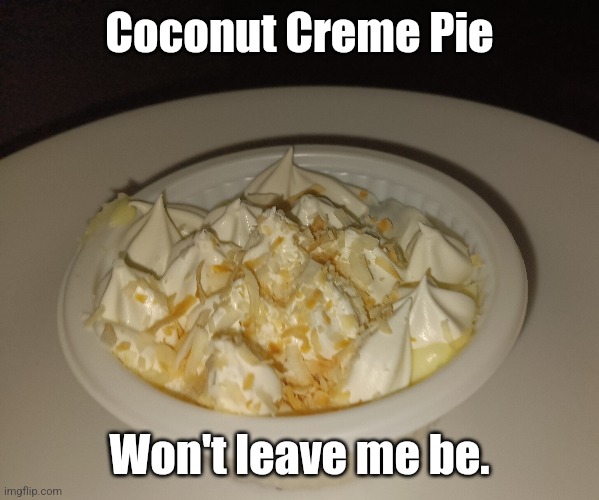 Coconut Creme Pie | Coconut Creme Pie; Won't leave me be. | image tagged in pie,coconut creme pie,coconut,like pie,mmm,yum | made w/ Imgflip meme maker