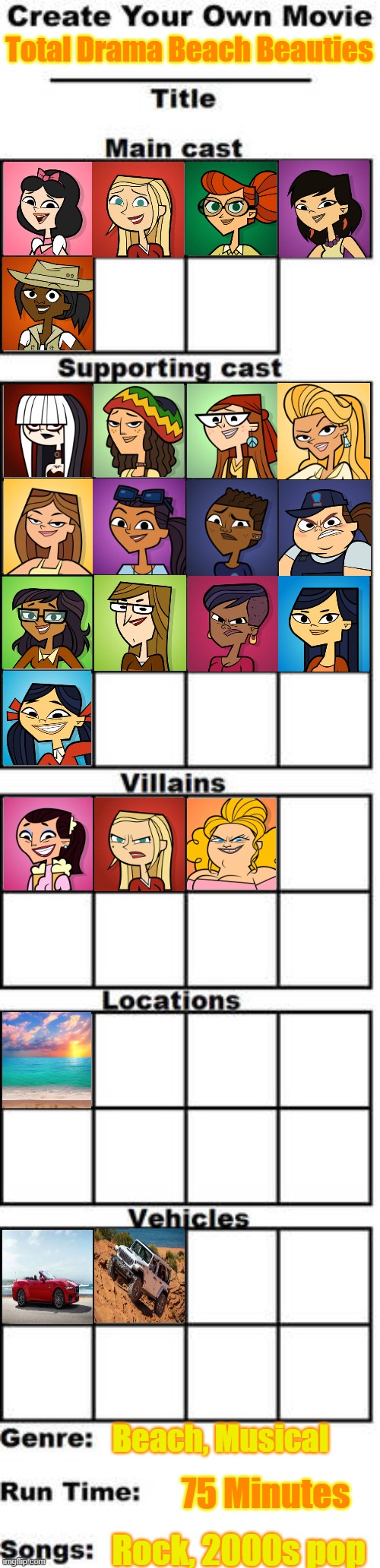 Total Drama Beach Beauties | Total Drama Beach Beauties; Beach, Musical; 75 Minutes; Rock, 2000s pop | image tagged in create your own movie meme template | made w/ Imgflip meme maker